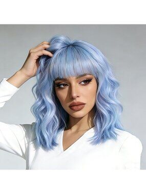 Women's Light Blue Soft Short Bob Style Synthetic Shoulder Length Curly Wigs
